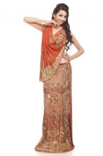 Chhabra 555 Womens Russett Orange Embroidery Lehanga Unstitched One Size Clothing