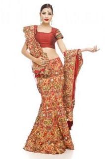 Chhabra 555 Womens Chinese Red Brocade Lehanga Unstitched One Size World Apparel Clothing