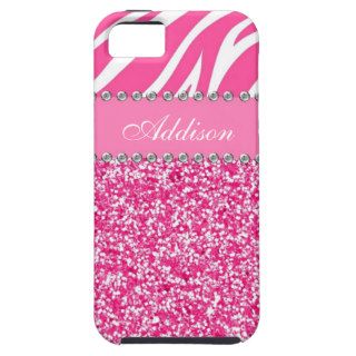 Hot Pink Glitter Zebra Print Rhinestone Girly Case iPhone 5 Cover