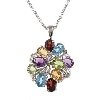 Kabella Sterling Silver Oval Multi gemstone and Diamond Cluster Necklace Kabella Jewelry Gemstone Necklaces