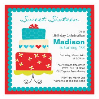 Sweet Sixteen Turquoise & Red Cake Birthday Invite