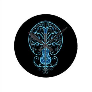 Blue Guitar Tree of Life on Black Round Clock