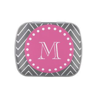 Hot Pink, Charcoal Gray Chevron  Your Monogram Jelly Belly Candy Tin