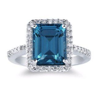 14K Emerald Cut London Blue Topaz and Diamond Ring Jewelry