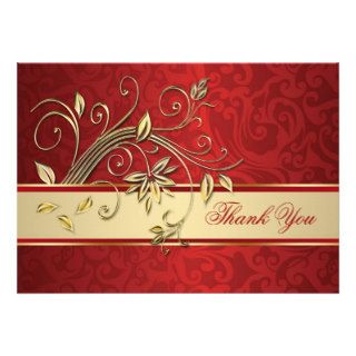 Golden flowers on red damask Thank You Invite