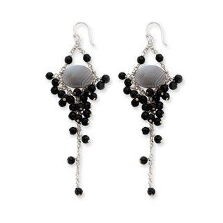 Sterling Silver Lace Agate/BlackCrystal Earrings QE2168" Dangle Earrings Jewelry