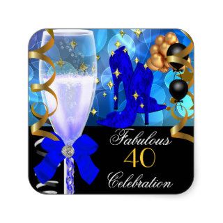 40 & Fabulous Royal Blue Black Gold Birthday Party Square Stickers
