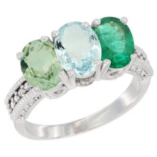 14K White Gold Natural Green Amethyst, Aquamarine & Emerald Ring 3 Stone 7x5 mm Oval Diamond Accent, sizes 5   10 Jewelry
