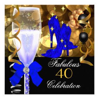 40 & Fabulous Royal Blue Black Gold Birthday Party Personalized Invite