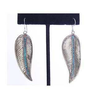Brass and Sterling Silver Turquoise Small Feather Desing Earrings (Nepal) Earrings