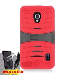 LG Optimus F6 D500 / MS500 (T Mobile/MetroPCS) 2 Piece Silicon Soft Skin Hard Plastic Kickstand Case Cover, Red/Black + CAR CHARGER & SCREEN PROTECTOR Cell Phones & Accessories