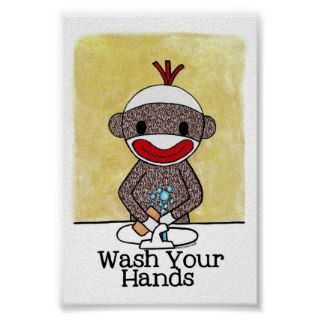 Sock Monkey Bathroom Reminder Wash Your Hands 4x6 Poster