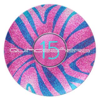 Hot Pink and Blue Glitter Look Zebra Quinceañera Party Plate