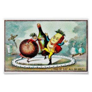 Christmas greeting with cartoon of wines and fruit poster