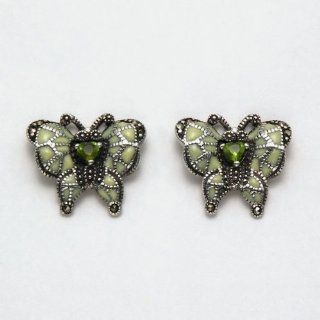 Sterling Silver Marcasite Butterfly Stud Earrings with Cream Enamel and Peridot Stone Mayan Earrings Jewelry