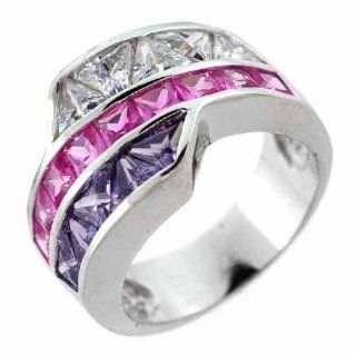 Sterling Silver Dark Pink, and Purple CZ Three Tier Ring Jewelry
