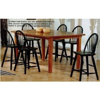 7pc Oak Wood Counter Height Dining Table & Black Spindle Bar Stool Set Furniture & Decor