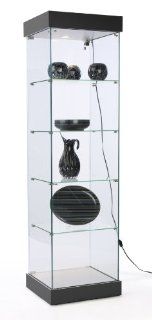 74"h Glass Display Cabinet with 4 Fixed Height Glass Shelves, Curio Case for Collectibles, Locking Hinged Door, Hidden Wheels, Canopy Light   Ships Unassembled, MDF with Black Laminate Finish Base and Top   Free Standing Cabinets