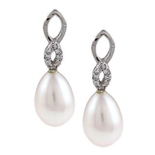 Kabella Sterling Silver Freshwater Pearl and Cubic Zirconia Earrings (7 8mm) Kabella Jewelry Pearl Earrings