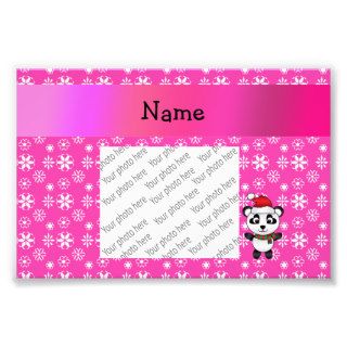 Personalized name santa panda bear pink snowflakes photo print
