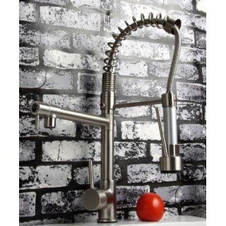 Housweety High Quality Brushed Nickel Solid Brass Spring Pull Down Kitchen Sink Faucet, two Spouts, Multifunctional   Touch On Kitchen Sink Faucets  
