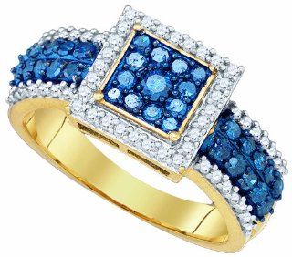 Ladies 10K Yellow Gold 1.06ct Blue Diamond Halo Ring Jewelry