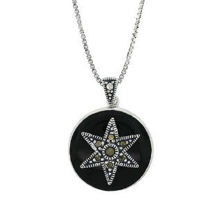 Sterling Silver Round Black Epoxy Marcasite 6 Point Star Drop Pendant Necklace , 16" Jewelry