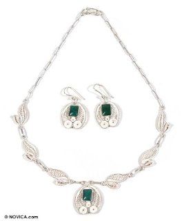 Chrysocolla jewelry set, 'Leaves'   Chrysocolla Silver Necklace And Earrings Jewelry Set Jewelry