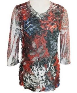 Cubism Long Sleeve Woman's Top, Scoop Neck, Multi Colored, Diagonal Ruffle Print with Burn Outs   Floral Arcade