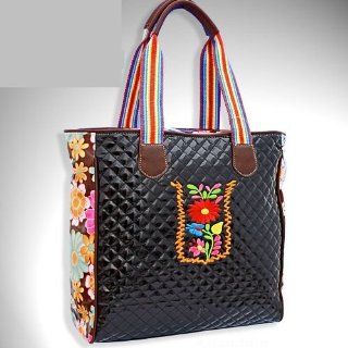 Black Quilted Floral Embroidered Designer Inspired Handbag Tote Purse 