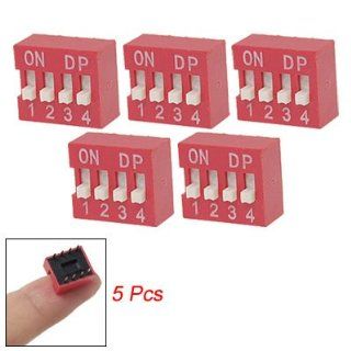 5 Pcs 4 Ways 8 Pin Gold Tone Plate Contacts Red Slide Type DIP Switch