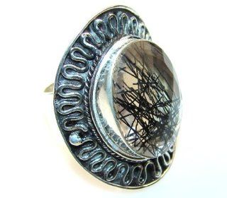 Tourmalinated Quartz Women Silver Tone Ring Size 8 19.40g (color black, dim. 1 1/2, 1 1/4, 3/8 inch). Tourmalinated Quartz Crafted in Silver Tone Metal only ONE ring available   ring entirely handmade by the most gifted artisans   one of a kind world wi