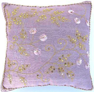 Whimsy Floral Embroidered & Beaded Silk Pillow Cushion Cover 10" x 10" Lavender Lilac Purple Gold  Throw Pillow Covers  