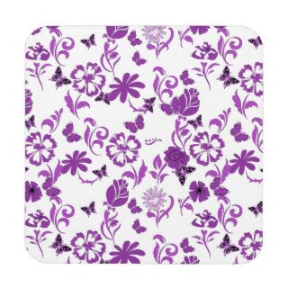 Pretty Purple and White Flower & Butterfly Design Coasters