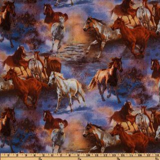 Wild Wings Blue Mist Scenic Horses Blue Fabric By The YD