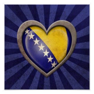 Aged Bosnia Herzegovina Flag Heart with Light Rays Print