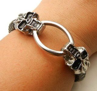 SALE OUT LIMITED STOCK TF631  ANGRY SKULL CLasp Black Leather Bracelet Rock Heavy Metal Punk Biker Health & Personal Care