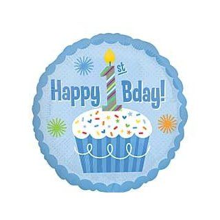 "Happy 1st Bday" Cupcake Boy Blue Stars Green Orange 18" Balloon Mylar Health & Personal Care