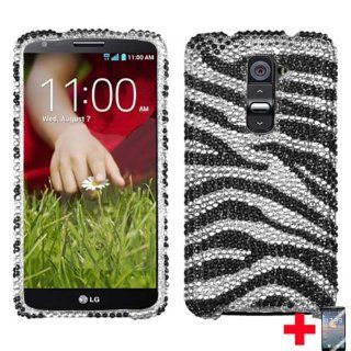 LG OPTIMUS G2 D801 D800 FULL DIAMOND BLING BLACK SILVER ZEBRA SKIN RHINESTONE DESIGN HARD SNAP ON CELL PHONE CASE COVER + FREE SCREEN PROTECTOR, FROM [TRIPLE 8 ACCESSORIES] Cell Phones & Accessories