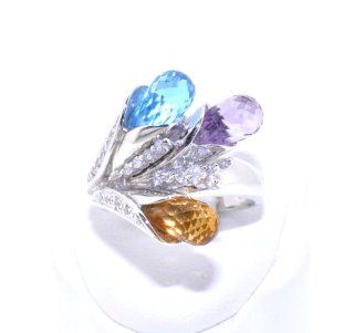 14K White Gold Bouquet Blue Topaz/Amethyst/Citrine/Diamond Ring Jewelry