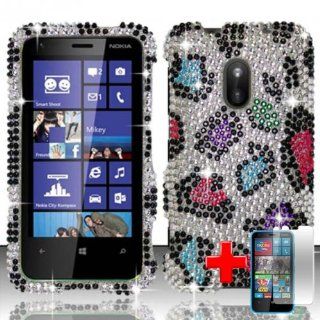Nokia Lumia 620 (AIO Wireless) 2 Piece Snap On Rhinestone/Diamond/Bling Hard Plastic Case Cover, Pink/Purple Leopard Spot Pattern Silver Cover + LCD Clear Screen Saver Protector Cell Phones & Accessories