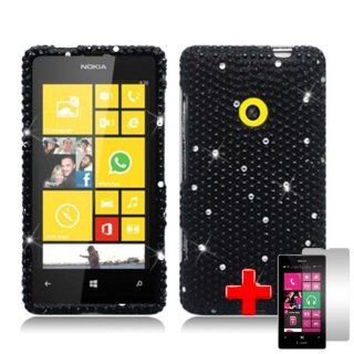 Nokia Lumia 521 (T Mobile) 2 Piece Snap On Rhinestone/Diamond/Bling Hard Plastic Case Cover, White Spots Black Cover + LCD Clear Screen Saver Protector Cell Phones & Accessories