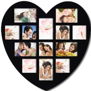Adeco [PF0304] 13 Openings Heart Picture Collage Frame   Holds Seven 4x4 and Six 4x6 Inch Photos   Heart Shaped Wood Photo Collage Decoration   Black, for Wall Hanging   Love Picture Frame