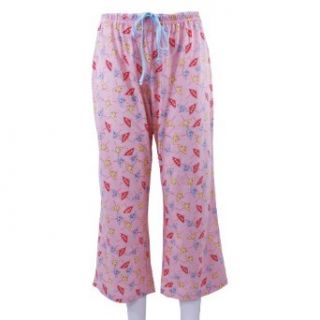 Leisureland Women's Knit Pajama Lounge Capri Pants Pink Umbrella Design