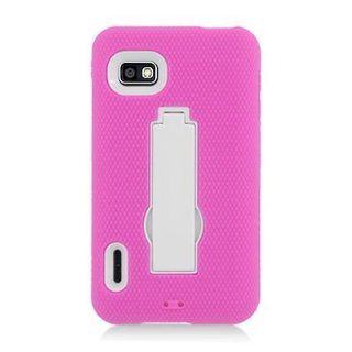 For LG Optimus F3 MS659 Hybrid Hard D Rubber Case White Pink With Stand 