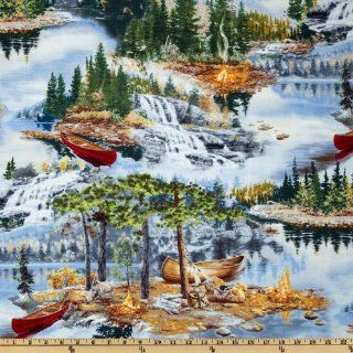 44'' Wide Lakeside Camping Scene Blue Fabric By The Yard