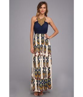 Tbags Los Angeles Tiered Long Dress w/ Wooden Neck EMB Cont Navy Tube Top Womens Dress (Multi)