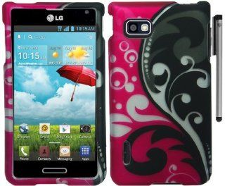 For LG Optimus F3 MS659 Swirl Vine Design Hard Cover Case with ApexGears Stylus Pen (Pink Black) Cell Phones & Accessories