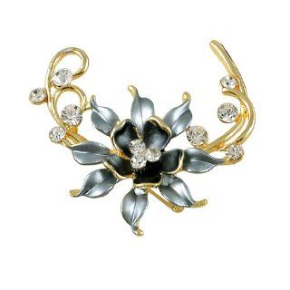 Ladies Glitter Rhinestone Detail Steel Blue Flower Style Breastpin Gold Tone Jewelry