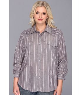 Roper Plus Size 9096 Grey Dobby Stripe Womens Long Sleeve Button Up (Gray)
